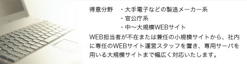 得意分野
    * 大手電子などの製造メーカー系
    * 官公庁系
    * 中〜大規模WEBサイト
WEB担当者が不在または兼任の小規模サイトから、社内に専任のWEBサイト運営スタッフを置き、専用サーバを用いる大規模サイトまで幅広く対応いたします。
